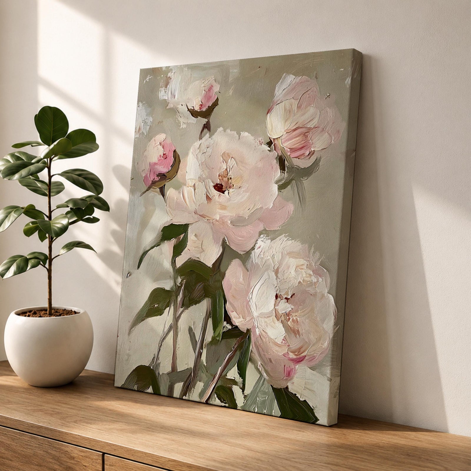 A framed canvas painting of peony flowers rendered in a vintage style with soft, textured brush strokes. The artwork features blooming and budding peonies with green leaves on a muted background, capturing a botanical floral theme with a cottagecore aesthetic.
