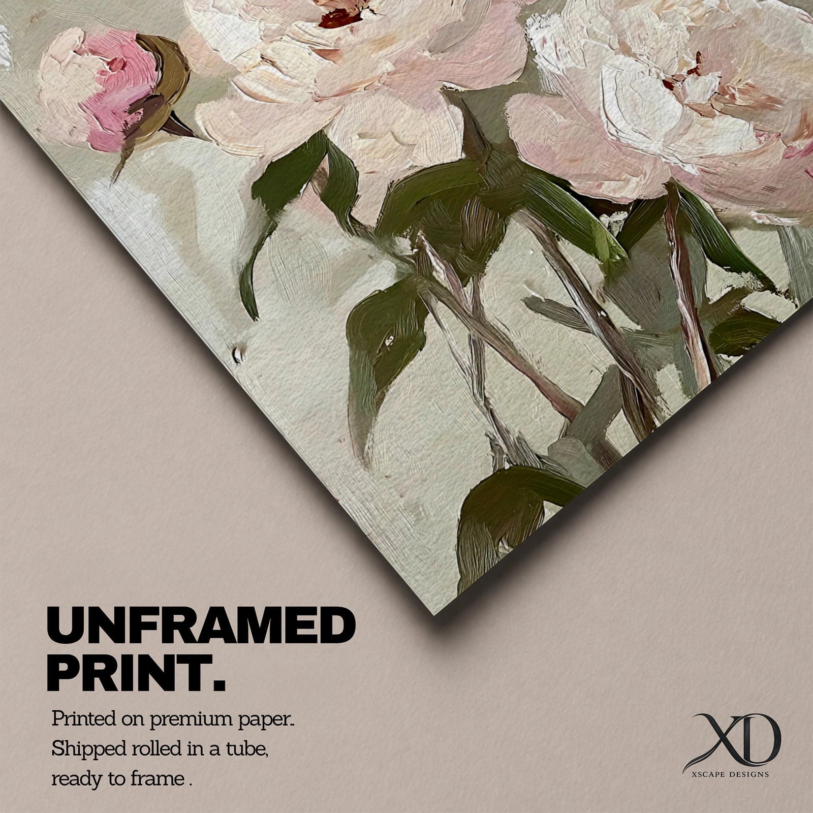 A framed canvas painting of peony flowers rendered in a vintage style with soft, textured brush strokes. The artwork features blooming and budding peonies with green leaves on a muted background, capturing a botanical floral theme with a cottagecore aesthetic.