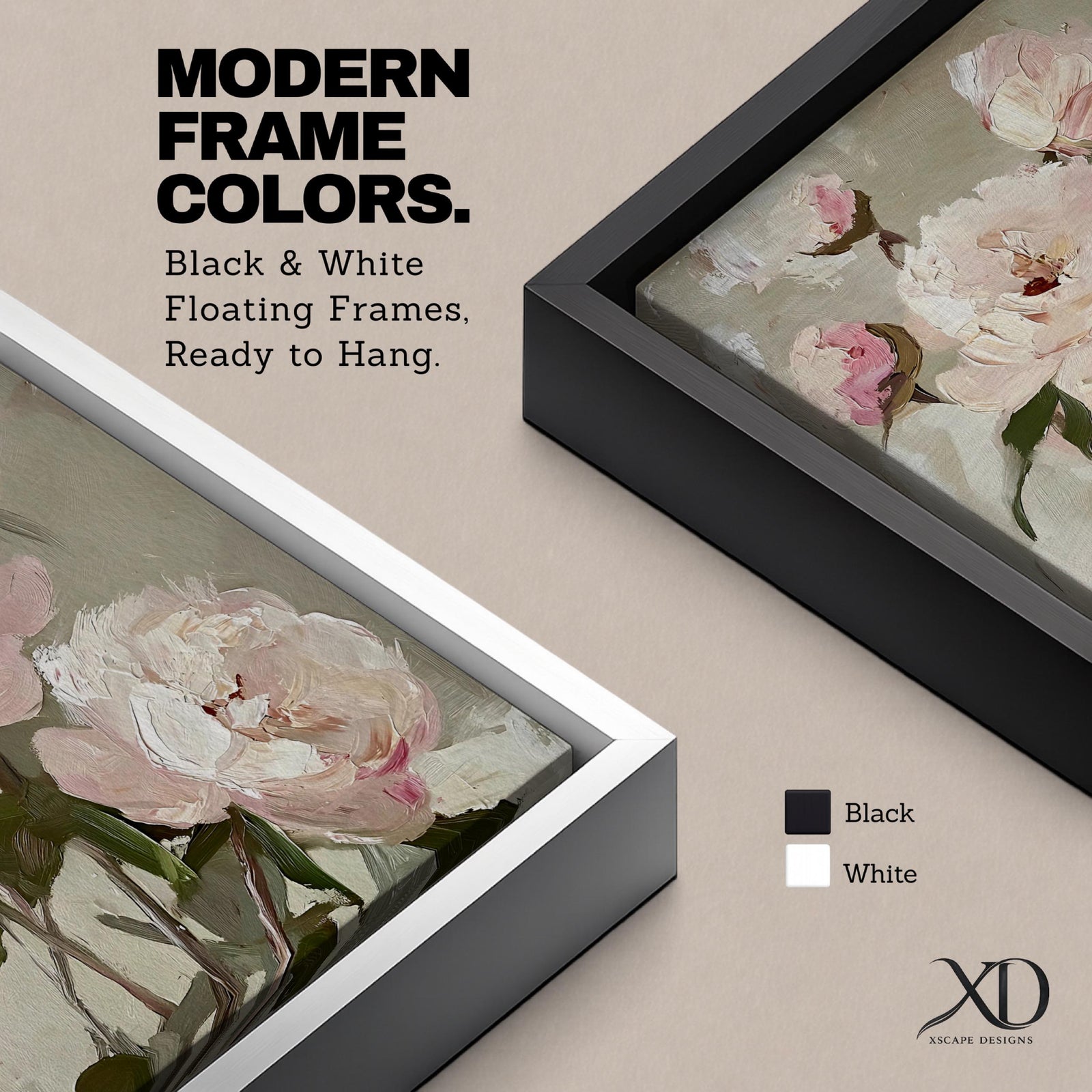 A framed canvas painting of peony flowers rendered in a vintage style with soft, textured brush strokes. The artwork features blooming and budding peonies with green leaves on a muted background, capturing a botanical floral theme with a cottagecore aesthetic.