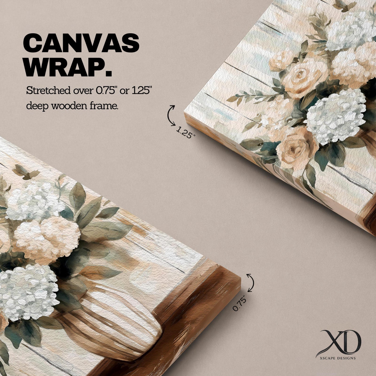 A framed canvas painting of a floral vase featuring a bouquet of roses and hydrangeas with green leaves, rendered in a soft, natural style with muted tones. The artwork emphasizes botanical elements in a rustic decor theme, focusing on detailed flower shapes and natural textures.