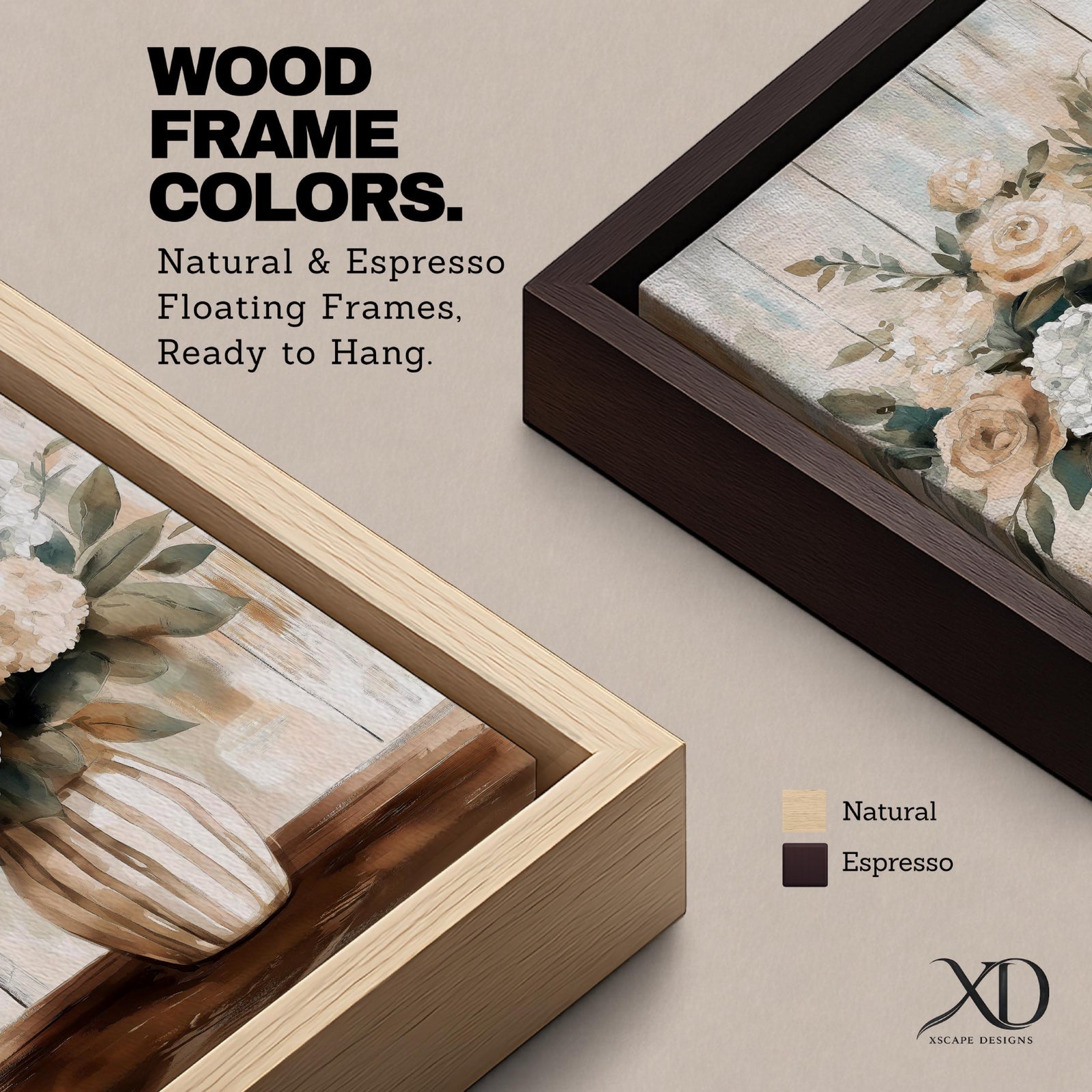 A framed canvas painting of a floral vase featuring a bouquet of roses and hydrangeas with green leaves, rendered in a soft, natural style with muted tones. The artwork emphasizes botanical elements in a rustic decor theme, focusing on detailed flower shapes and natural textures.