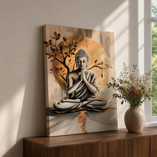 A framed canvas artwork depicting Buddha seated in meditation with hands in prayer position, set against a large golden circular background and stylized tree branches. The image is rendered in a realistic style with soft shading and a serene expression, emphasizing calm and mindfulness.