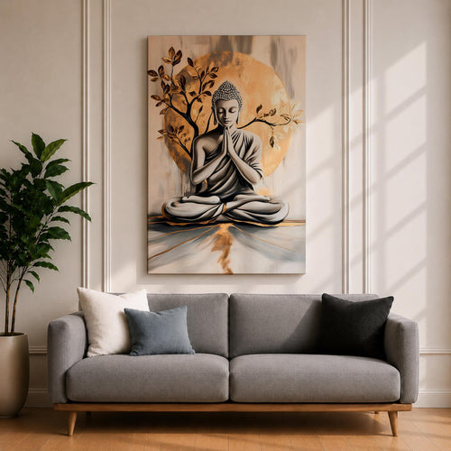 A framed canvas artwork depicting Buddha seated in meditation with hands in prayer position, set against a large golden circular background and stylized tree branches. The image is rendered in a realistic style with soft shading and a serene expression, emphasizing calm and mindfulness.