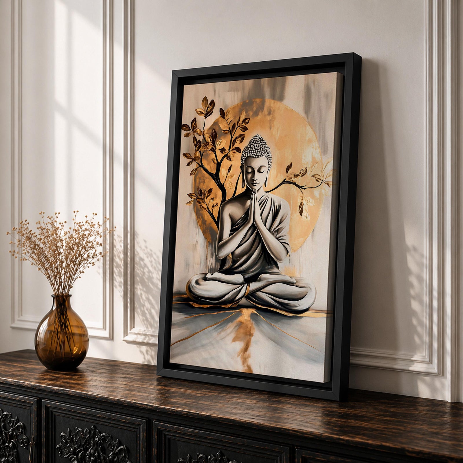 A framed canvas artwork depicting Buddha seated in meditation with hands in prayer position, set against a large golden circular background and stylized tree branches. The image is rendered in a realistic style with soft shading and a serene expression, emphasizing calm and mindfulness.