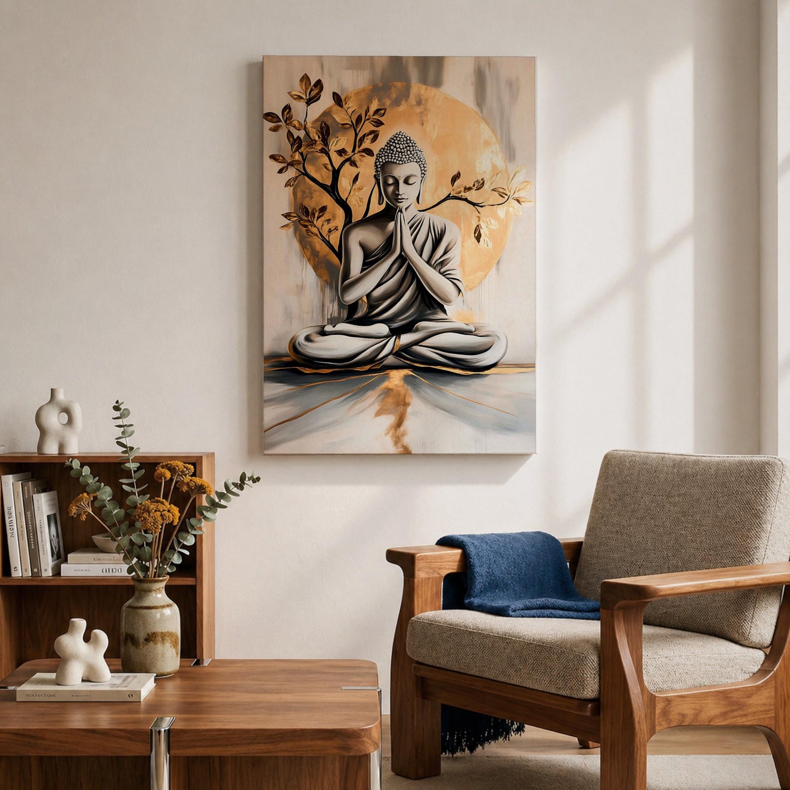 A framed canvas artwork depicting Buddha seated in meditation with hands in prayer position, set against a large golden circular background and stylized tree branches. The image is rendered in a realistic style with soft shading and a serene expression, emphasizing calm and mindfulness.