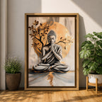 A framed canvas artwork depicting Buddha seated in meditation with hands in prayer position, set against a large golden circular background and stylized tree branches. The image is rendered in a realistic style with soft shading and a serene expression, emphasizing calm and mindfulness.