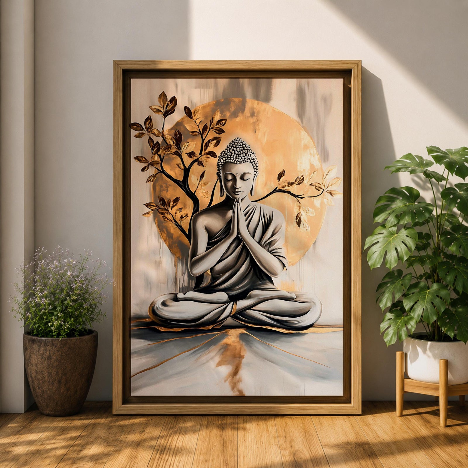 A framed canvas artwork depicting Buddha seated in meditation with hands in prayer position, set against a large golden circular background and stylized tree branches. The image is rendered in a realistic style with soft shading and a serene expression, emphasizing calm and mindfulness.