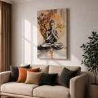 A framed canvas artwork depicting Buddha seated in meditation with hands in prayer position, set against a large golden circular background and stylized tree branches. The image is rendered in a realistic style with soft shading and a serene expression, emphasizing calm and mindfulness.