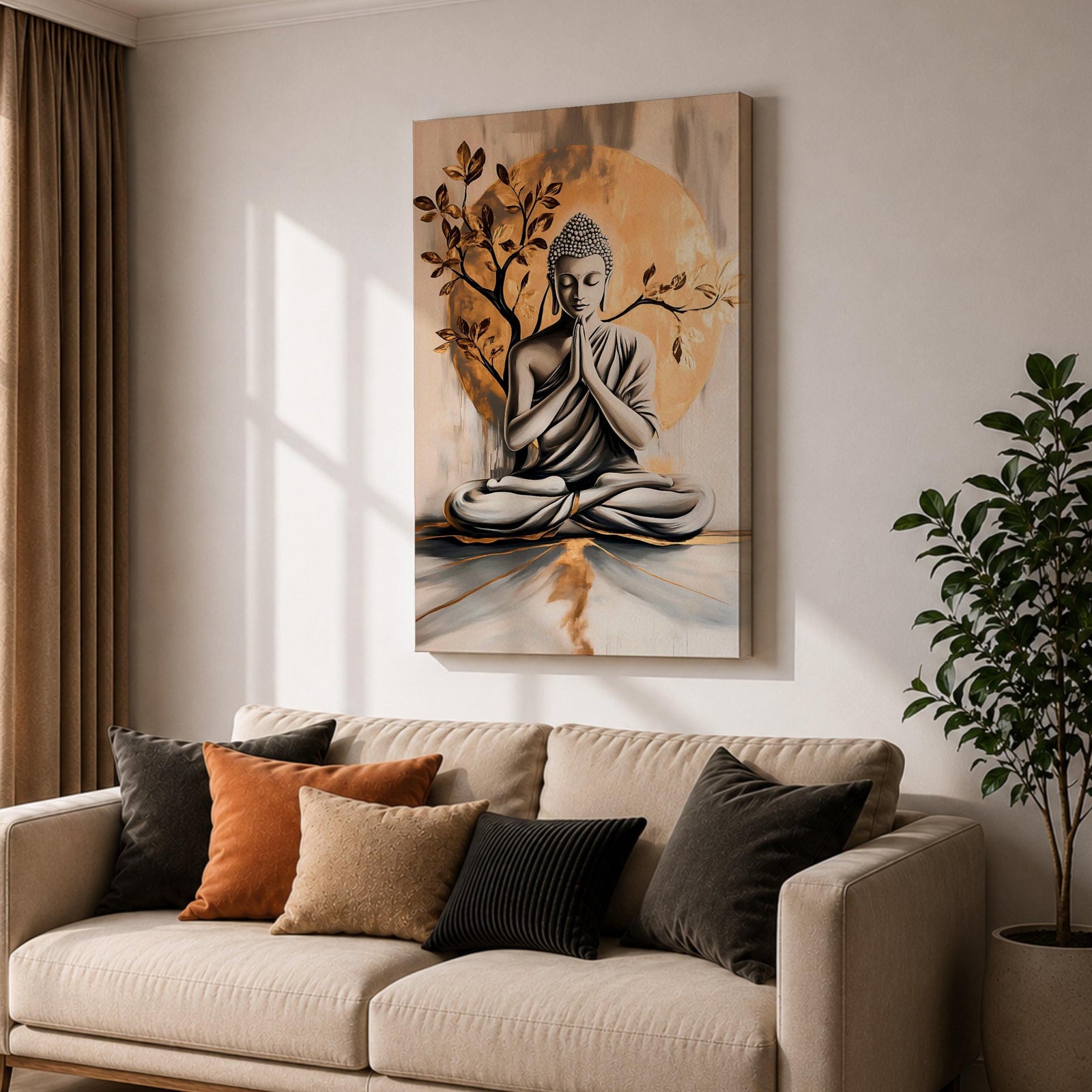A framed canvas artwork depicting Buddha seated in meditation with hands in prayer position, set against a large golden circular background and stylized tree branches. The image is rendered in a realistic style with soft shading and a serene expression, emphasizing calm and mindfulness.