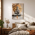 A framed canvas artwork depicting Buddha seated in meditation with hands in prayer position, set against a large golden circular background and stylized tree branches. The image is rendered in a realistic style with soft shading and a serene expression, emphasizing calm and mindfulness.