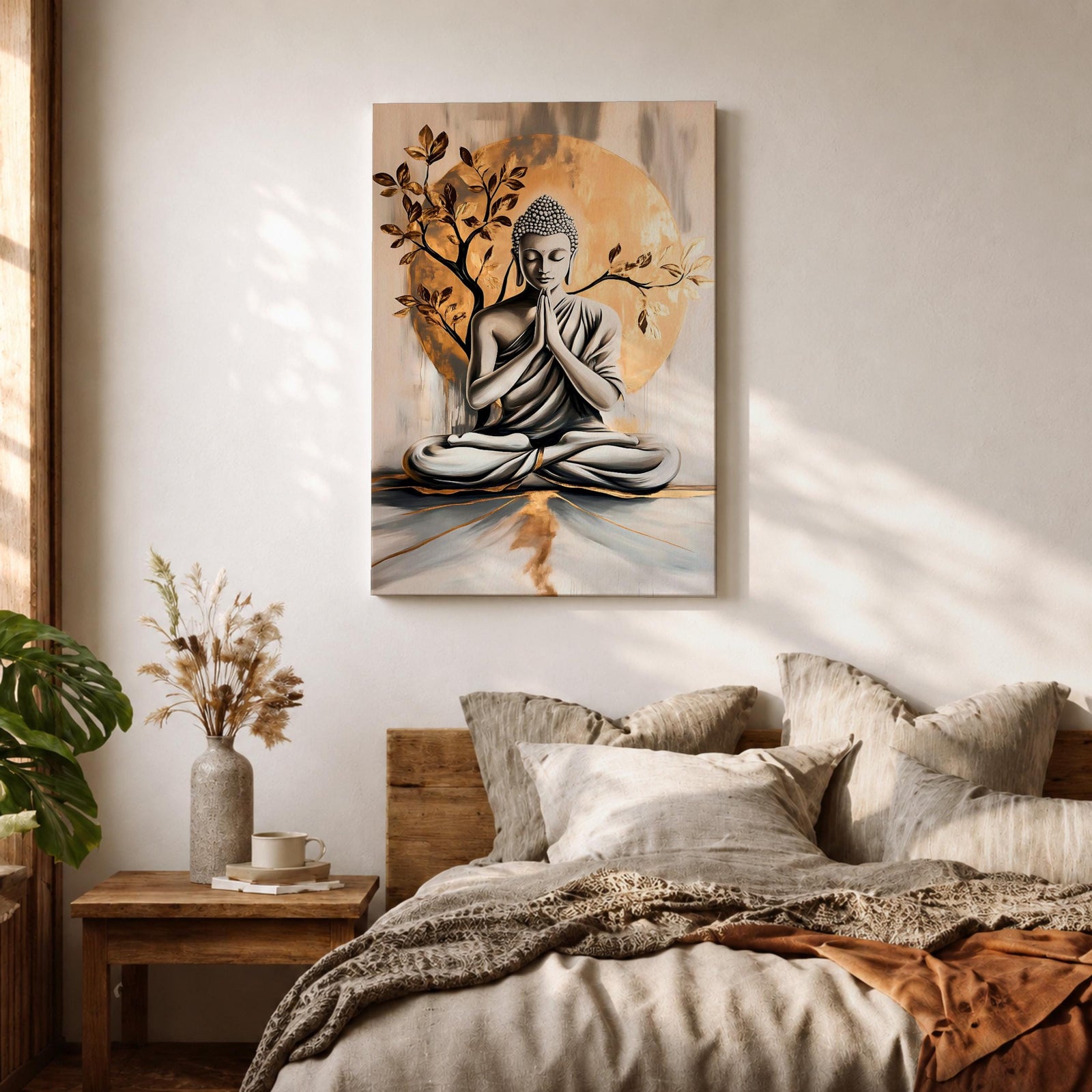 A framed canvas artwork depicting Buddha seated in meditation with hands in prayer position, set against a large golden circular background and stylized tree branches. The image is rendered in a realistic style with soft shading and a serene expression, emphasizing calm and mindfulness.