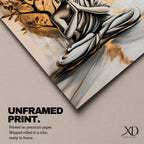 A framed canvas artwork depicting Buddha seated in meditation with hands in prayer position, set against a large golden circular background and stylized tree branches. The image is rendered in a realistic style with soft shading and a serene expression, emphasizing calm and mindfulness.