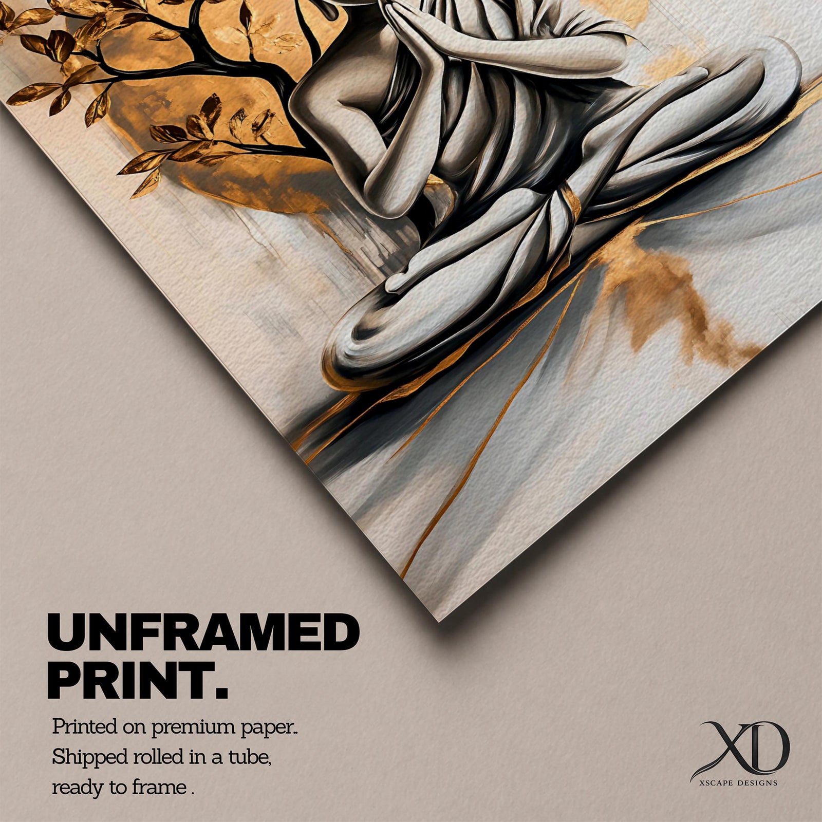 A framed canvas artwork depicting Buddha seated in meditation with hands in prayer position, set against a large golden circular background and stylized tree branches. The image is rendered in a realistic style with soft shading and a serene expression, emphasizing calm and mindfulness.