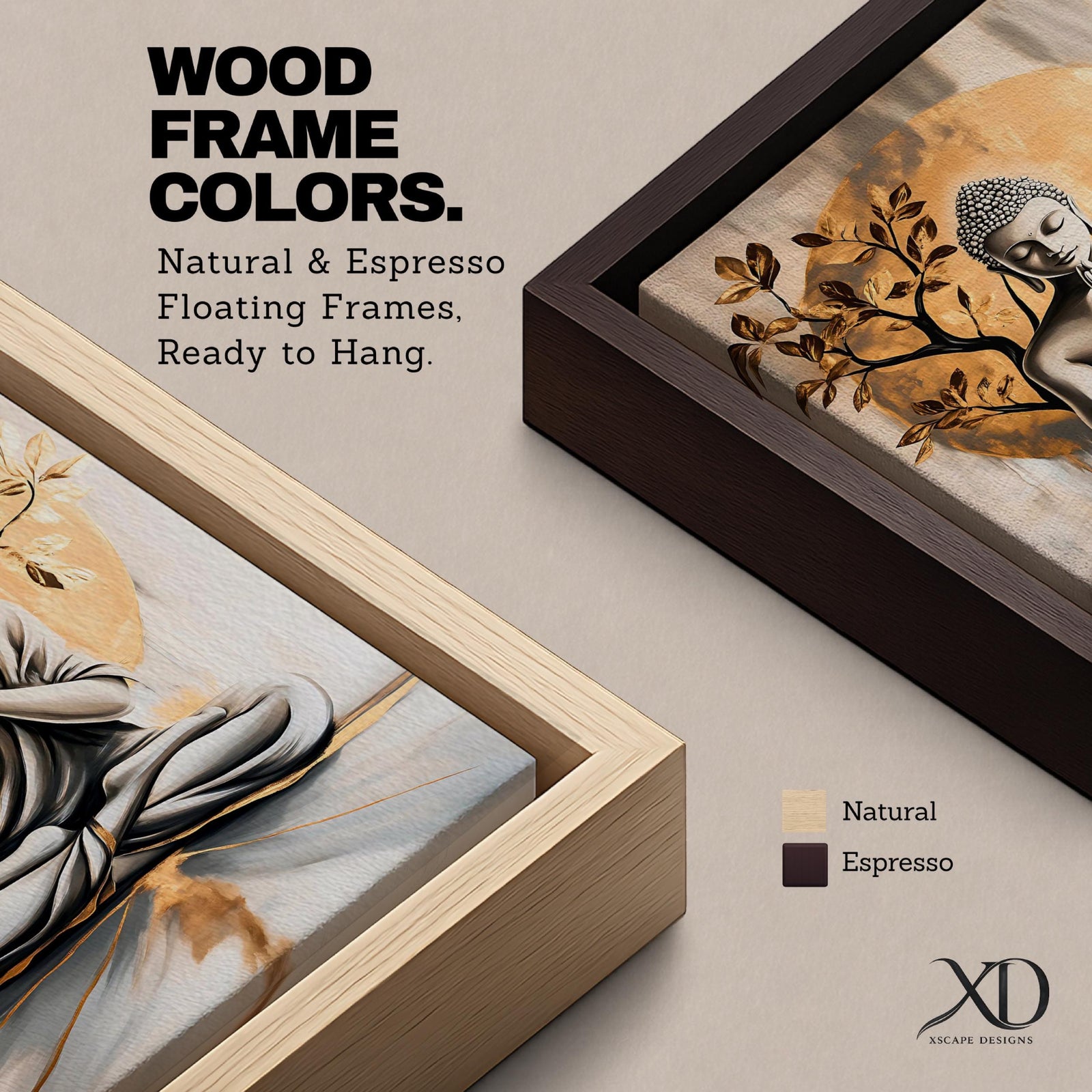 A framed canvas artwork depicting Buddha seated in meditation with hands in prayer position, set against a large golden circular background and stylized tree branches. The image is rendered in a realistic style with soft shading and a serene expression, emphasizing calm and mindfulness.