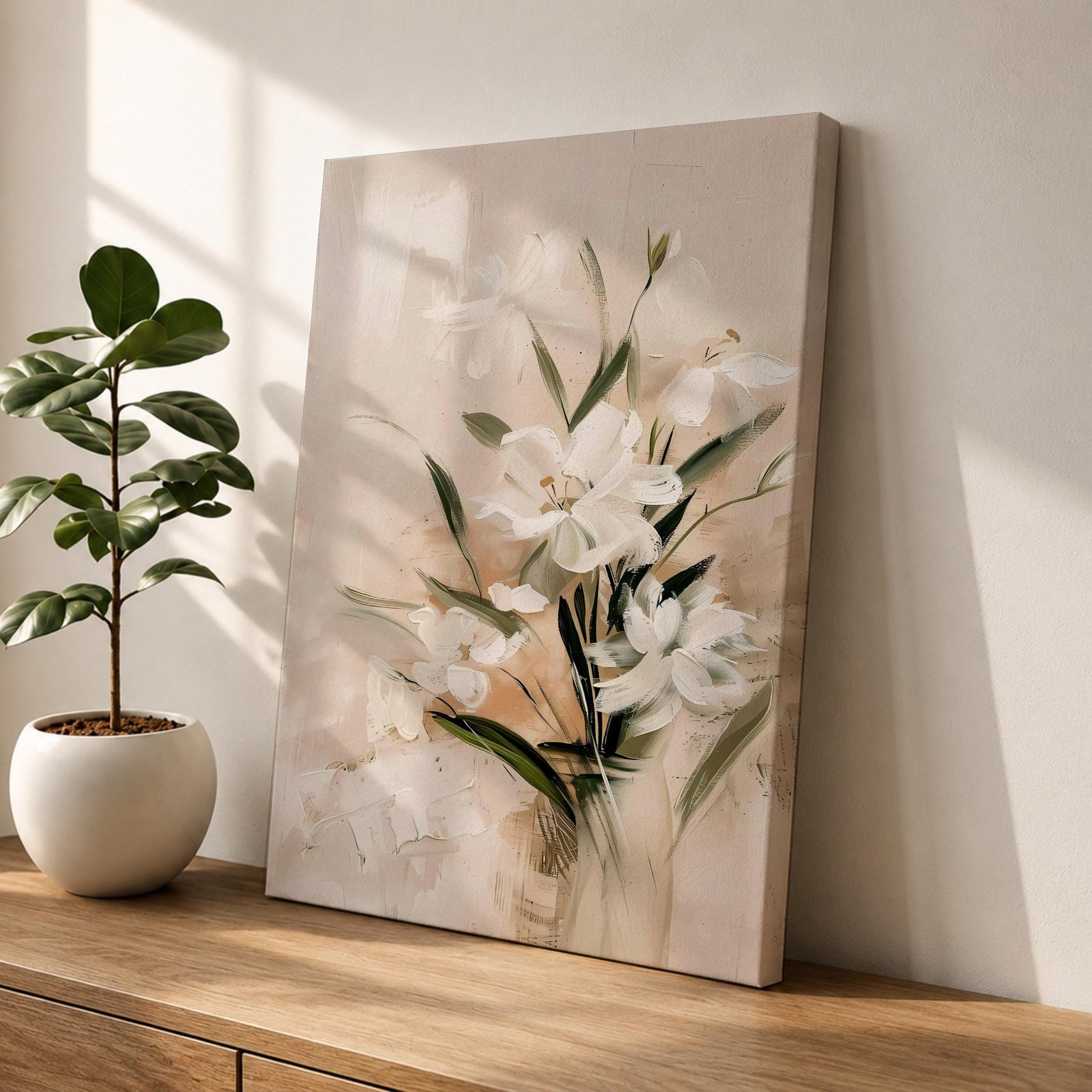 A framed watercolor painting of white lilies arranged in a vase, featuring soft brush strokes and delicate green leaves. The floral composition highlights the natural elegance of Easter lilies with a botanical and cottagecore aesthetic.