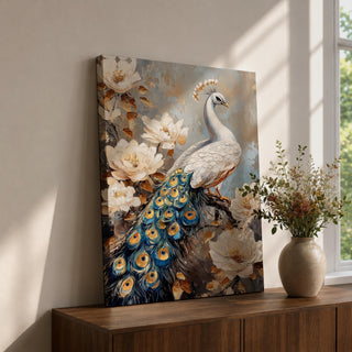 A detailed vintage-style framed canvas painting of a white peacock perched on a branch surrounded by large white flowers and golden leaves. The artwork features textured brushstrokes and a naturalistic animal subject with a botanical theme, emphasizing the intricate feathers and floral elements.