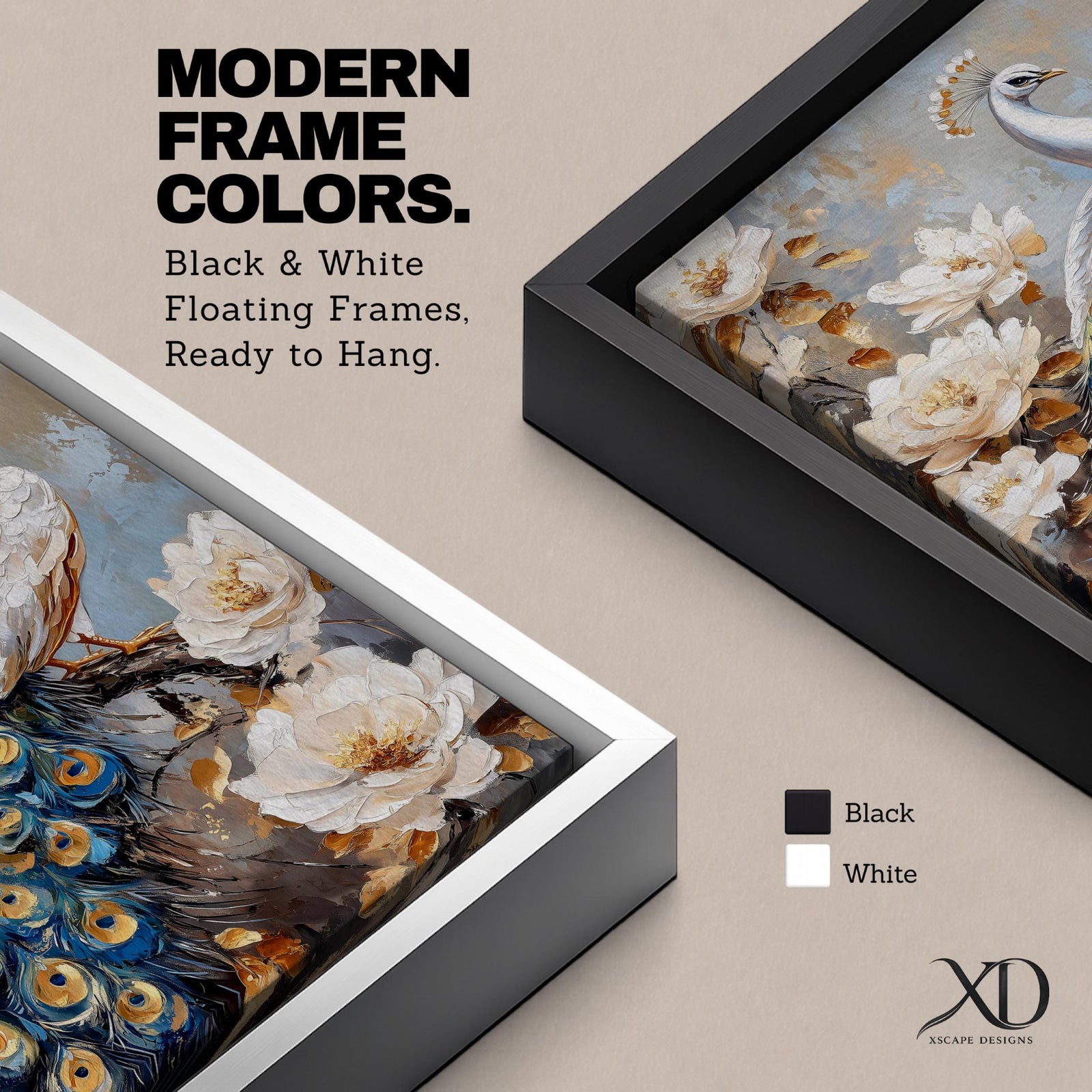 A detailed vintage-style framed canvas painting of a white peacock perched on a branch surrounded by large white flowers and golden leaves. The artwork features textured brushstrokes and a naturalistic animal subject with a botanical theme, emphasizing the intricate feathers and floral elements.