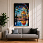 Masjid Al-Aqsa wall art featuring the golden Dome of the Rock in Jerusalem viewed through a colorful stained glass window. Islamic artwork capturing the vibrant mosaic-style window and the sacred mosque reflected on the floor in framed canvas decor.