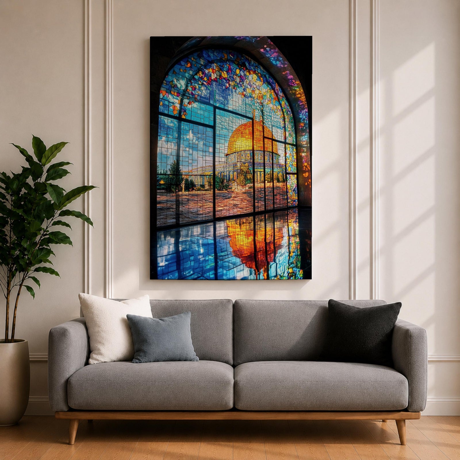 Masjid Al-Aqsa wall art featuring the golden Dome of the Rock in Jerusalem viewed through a colorful stained glass window. Islamic artwork capturing the vibrant mosaic-style window and the sacred mosque reflected on the floor in framed canvas decor.