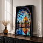 Masjid Al-Aqsa wall art featuring the golden Dome of the Rock in Jerusalem viewed through a colorful stained glass window. Islamic artwork capturing the vibrant mosaic-style window and the sacred mosque reflected on the floor in framed canvas decor.