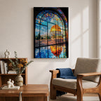 Masjid Al-Aqsa wall art featuring the golden Dome of the Rock in Jerusalem viewed through a colorful stained glass window. Islamic artwork capturing the vibrant mosaic-style window and the sacred mosque reflected on the floor in framed canvas decor.