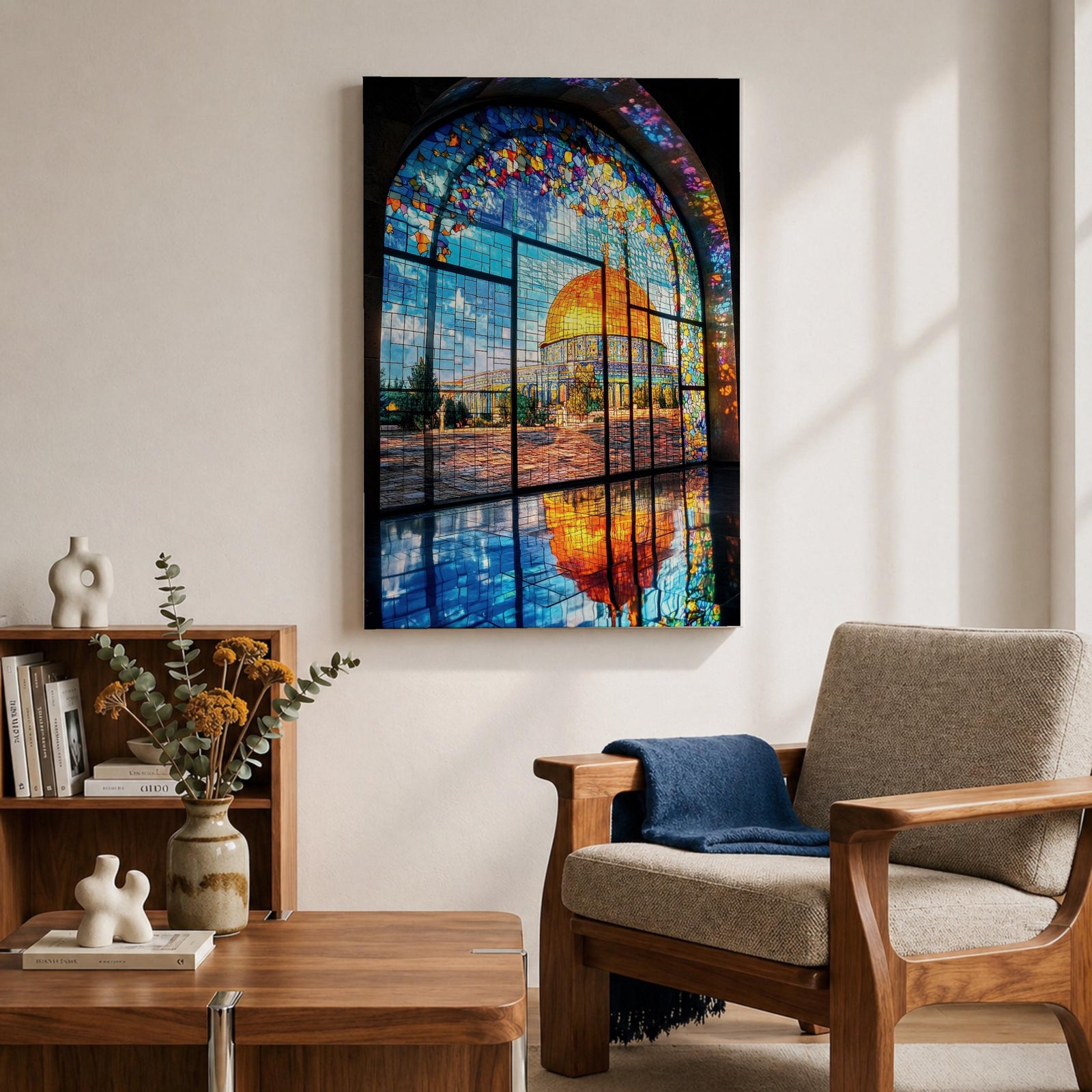 Masjid Al-Aqsa wall art featuring the golden Dome of the Rock in Jerusalem viewed through a colorful stained glass window. Islamic artwork capturing the vibrant mosaic-style window and the sacred mosque reflected on the floor in framed canvas decor.