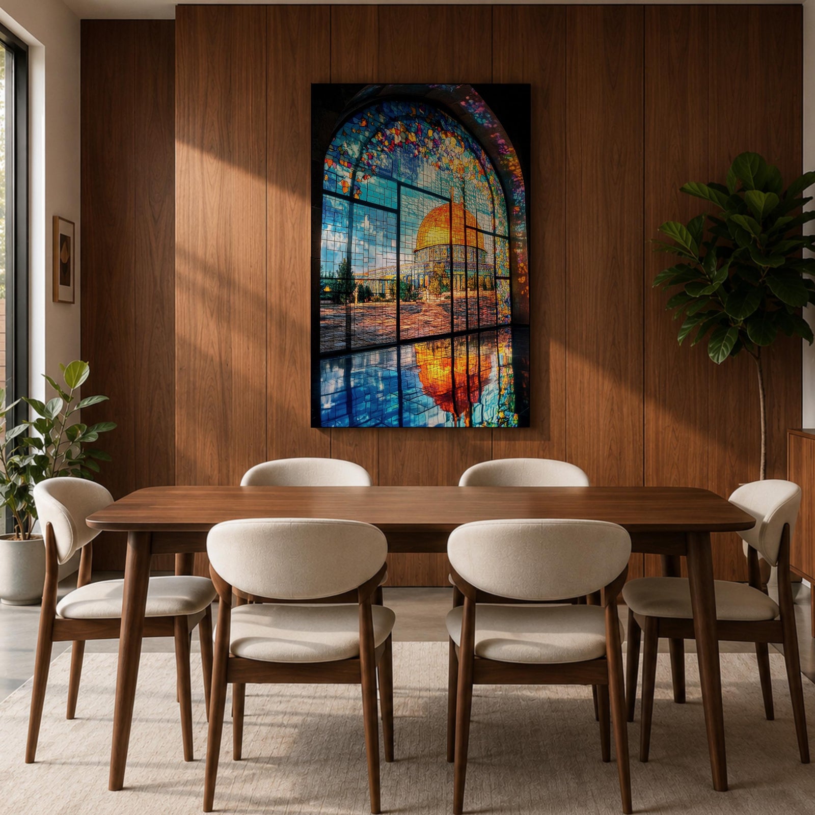 Masjid Al-Aqsa wall art featuring the golden Dome of the Rock in Jerusalem viewed through a colorful stained glass window. Islamic artwork capturing the vibrant mosaic-style window and the sacred mosque reflected on the floor in framed canvas decor.