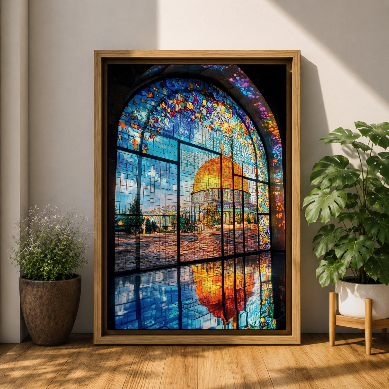 Masjid Al-Aqsa wall art featuring the golden Dome of the Rock in Jerusalem viewed through a colorful stained glass window. Islamic artwork capturing the vibrant mosaic-style window and the sacred mosque reflected on the floor in framed canvas decor.
