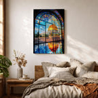 Masjid Al-Aqsa wall art featuring the golden Dome of the Rock in Jerusalem viewed through a colorful stained glass window. Islamic artwork capturing the vibrant mosaic-style window and the sacred mosque reflected on the floor in framed canvas decor.