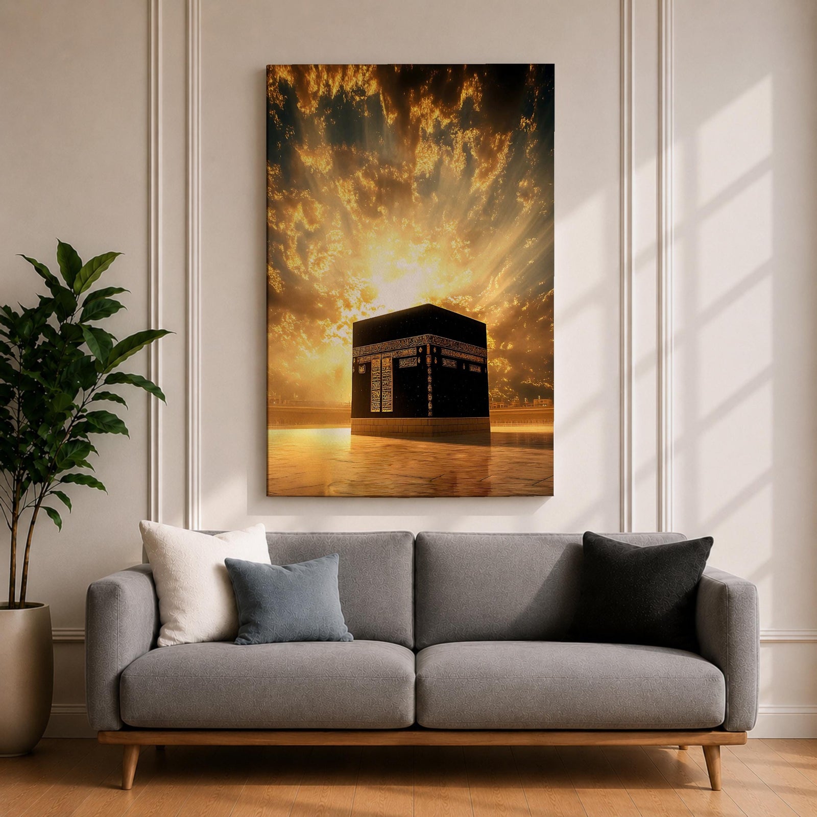 The Kaaba at Masjid Al Haram in Mecca stands beneath a radiant golden sky with sunlight bursting through dramatic clouds, illuminating the sacred black cube and creating a powerful spiritual atmosphere around the holy mosque.