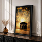 The Kaaba at Masjid Al Haram in Mecca stands beneath a radiant golden sky with sunlight bursting through dramatic clouds, illuminating the sacred black cube and creating a powerful spiritual atmosphere around the holy mosque.