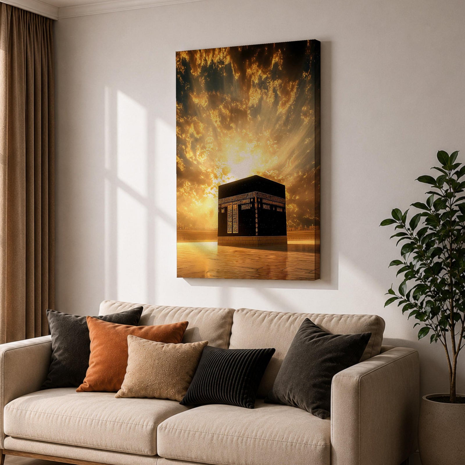 The Kaaba at Masjid Al Haram in Mecca stands beneath a radiant golden sky with sunlight bursting through dramatic clouds, illuminating the sacred black cube and creating a powerful spiritual atmosphere around the holy mosque.
