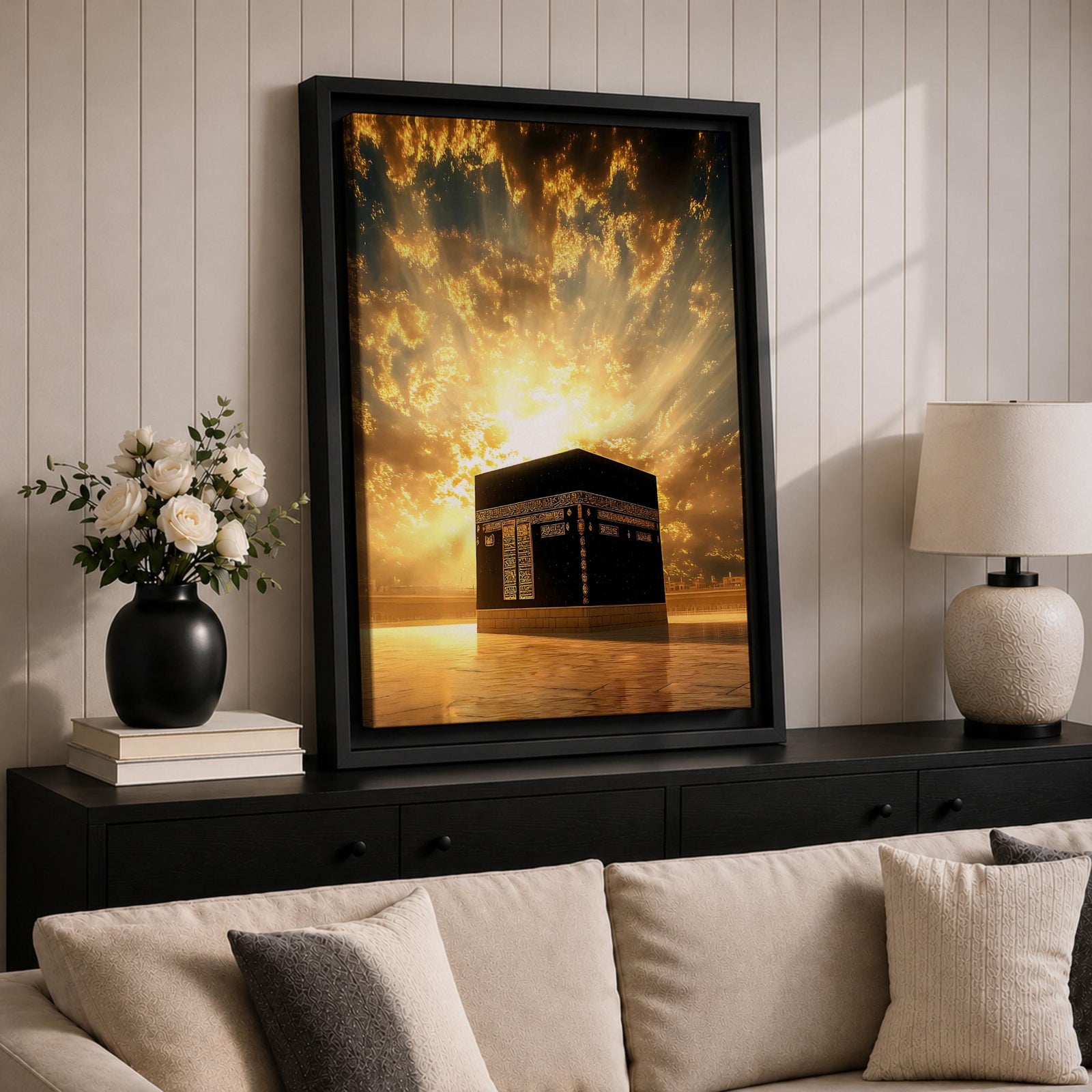 The Kaaba at Masjid Al Haram in Mecca stands beneath a radiant golden sky with sunlight bursting through dramatic clouds, illuminating the sacred black cube and creating a powerful spiritual atmosphere around the holy mosque.