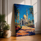 Textured painting of the Sheikh Zayed Grand Mosque in Abu Dhabi featuring glowing golden domes, tall white minarets, palm trees, and a sunlit pathway leading toward the grand entrance beneath a vibrant blue sky.
