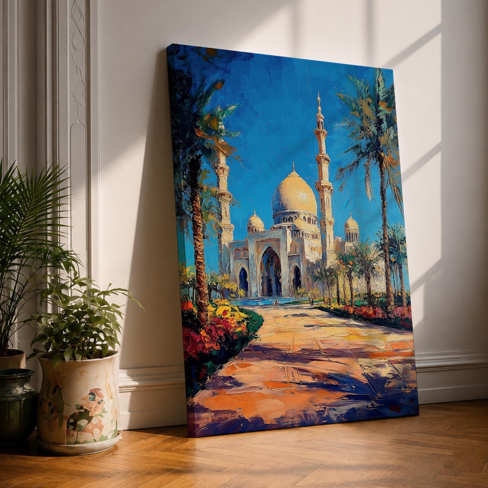 Textured painting of the Sheikh Zayed Grand Mosque in Abu Dhabi featuring glowing golden domes, tall white minarets, palm trees, and a sunlit pathway leading toward the grand entrance beneath a vibrant blue sky.