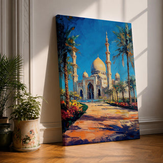 Textured painting of the Sheikh Zayed Grand Mosque in Abu Dhabi featuring glowing golden domes, tall white minarets, palm trees, and a sunlit pathway leading toward the grand entrance beneath a vibrant blue sky.