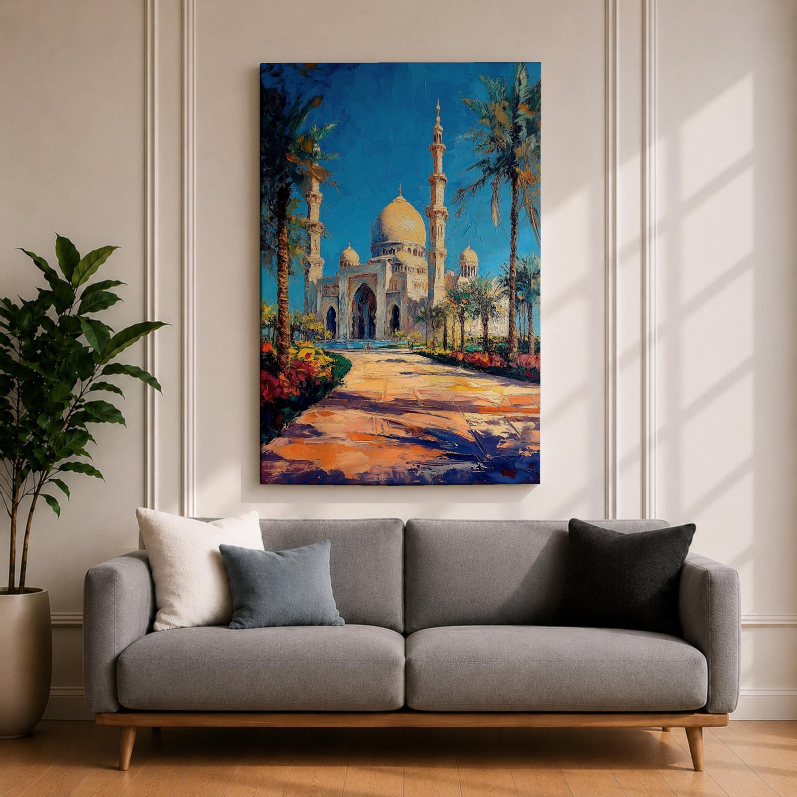 Textured painting of the Sheikh Zayed Grand Mosque in Abu Dhabi featuring glowing golden domes, tall white minarets, palm trees, and a sunlit pathway leading toward the grand entrance beneath a vibrant blue sky.