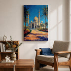 Textured painting of the Sheikh Zayed Grand Mosque in Abu Dhabi featuring glowing golden domes, tall white minarets, palm trees, and a sunlit pathway leading toward the grand entrance beneath a vibrant blue sky.
