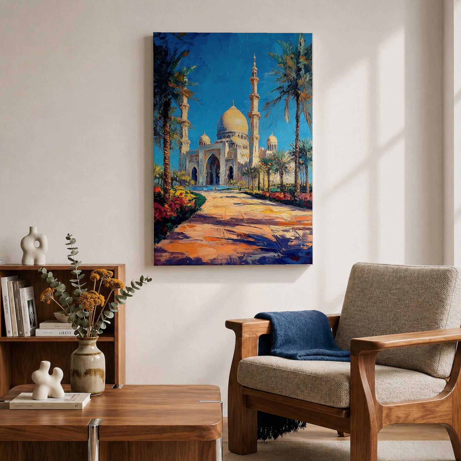 Textured painting of the Sheikh Zayed Grand Mosque in Abu Dhabi featuring glowing golden domes, tall white minarets, palm trees, and a sunlit pathway leading toward the grand entrance beneath a vibrant blue sky.