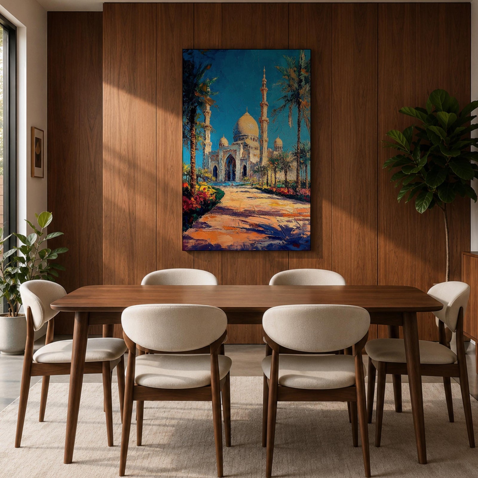 Textured painting of the Sheikh Zayed Grand Mosque in Abu Dhabi featuring glowing golden domes, tall white minarets, palm trees, and a sunlit pathway leading toward the grand entrance beneath a vibrant blue sky.