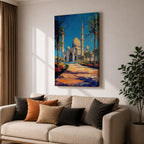 Textured painting of the Sheikh Zayed Grand Mosque in Abu Dhabi featuring glowing golden domes, tall white minarets, palm trees, and a sunlit pathway leading toward the grand entrance beneath a vibrant blue sky.