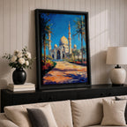 Textured painting of the Sheikh Zayed Grand Mosque in Abu Dhabi featuring glowing golden domes, tall white minarets, palm trees, and a sunlit pathway leading toward the grand entrance beneath a vibrant blue sky.