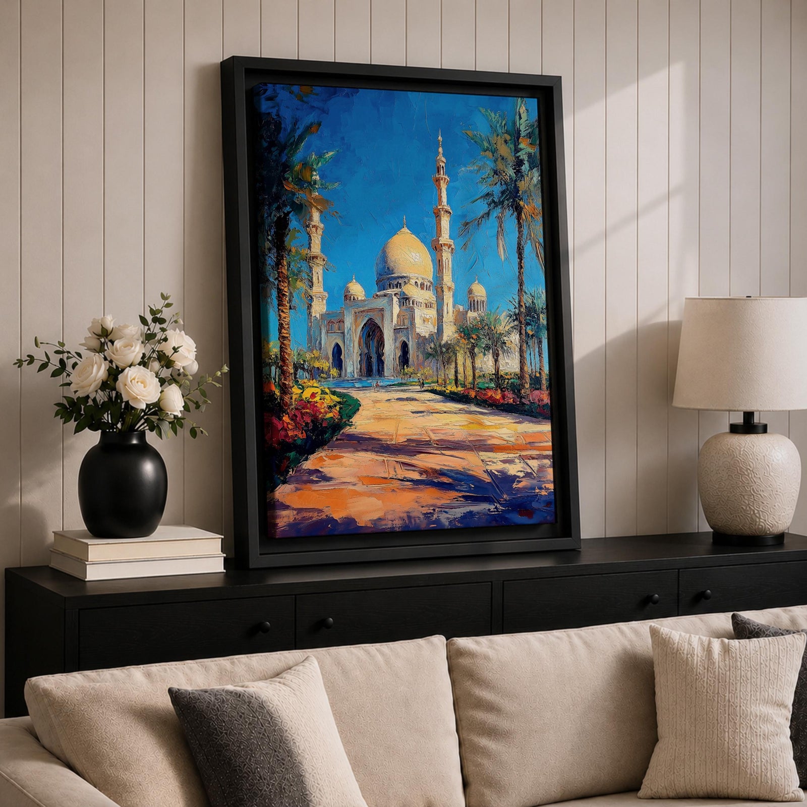 Textured painting of the Sheikh Zayed Grand Mosque in Abu Dhabi featuring glowing golden domes, tall white minarets, palm trees, and a sunlit pathway leading toward the grand entrance beneath a vibrant blue sky.