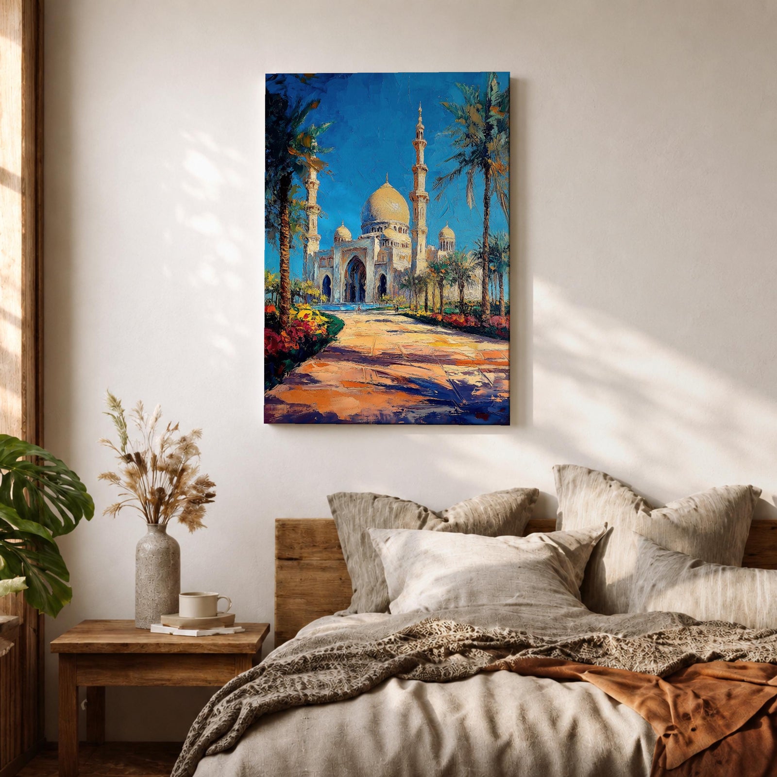 Textured painting of the Sheikh Zayed Grand Mosque in Abu Dhabi featuring glowing golden domes, tall white minarets, palm trees, and a sunlit pathway leading toward the grand entrance beneath a vibrant blue sky.
