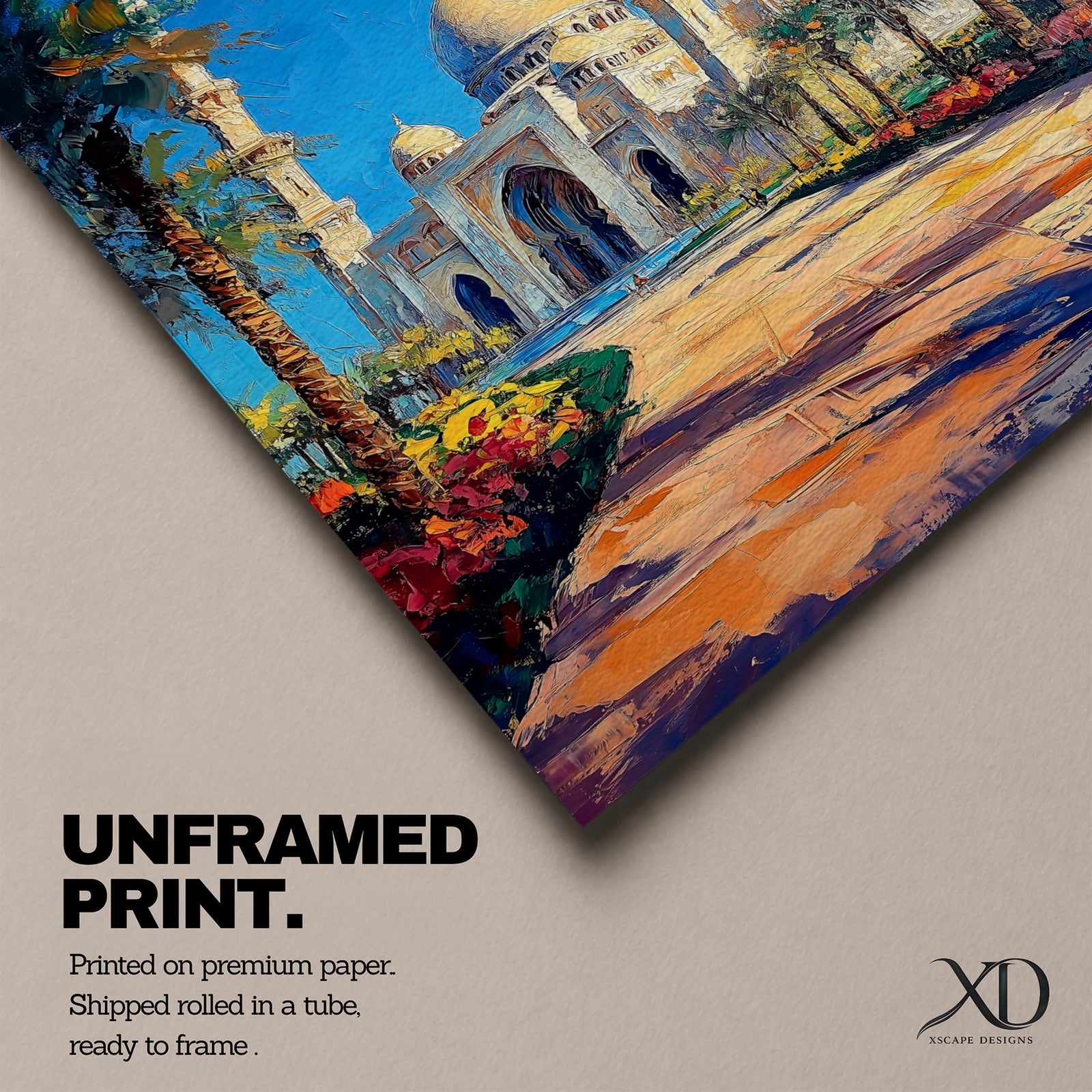 Textured painting of the Sheikh Zayed Grand Mosque in Abu Dhabi featuring glowing golden domes, tall white minarets, palm trees, and a sunlit pathway leading toward the grand entrance beneath a vibrant blue sky.