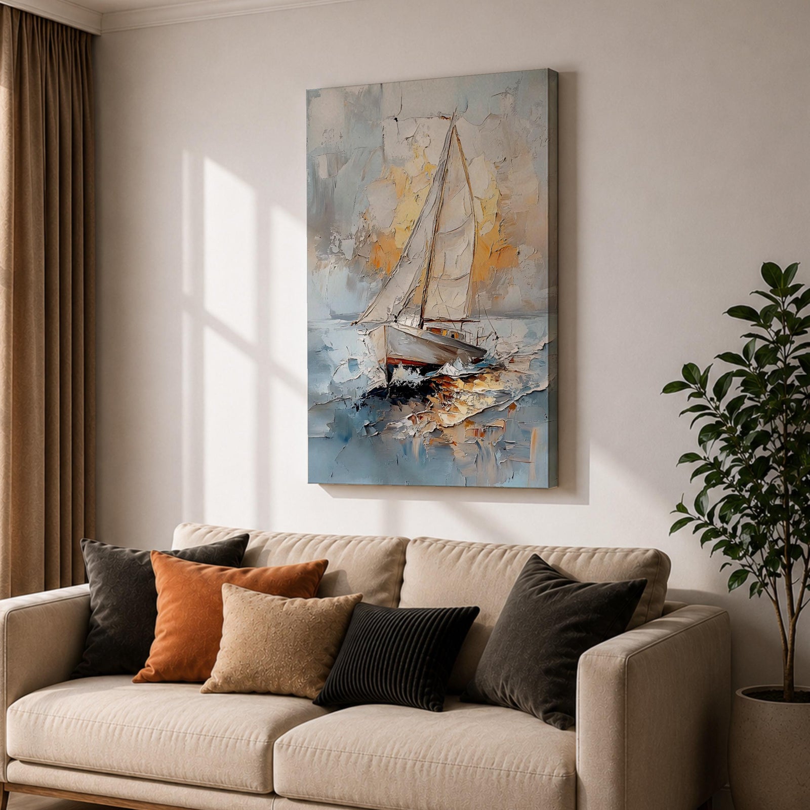 This artwork depicts a vintage-style sailboat with full sails navigating ocean waters. The textured impasto technique creates a dynamic seascape with waves and a glowing sky, emphasizing the classic nautical theme and the peaceful yet adventurous spirit of sailing.