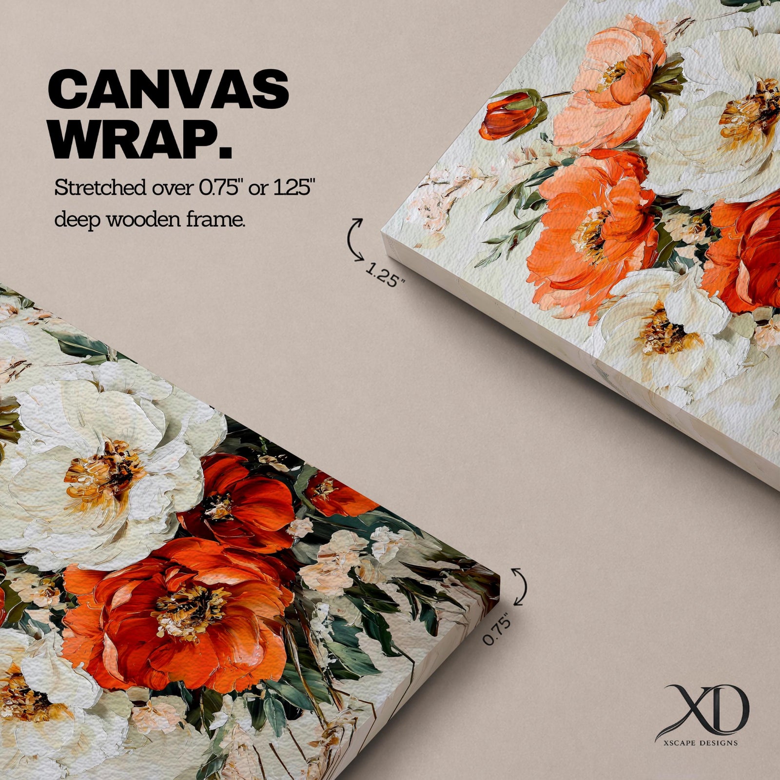 A framed canvas wall art featuring a vintage-style floral bouquet with large white and orange flowers and green leaves, painted with textured brushstrokes that create a classic and elegant floral composition.