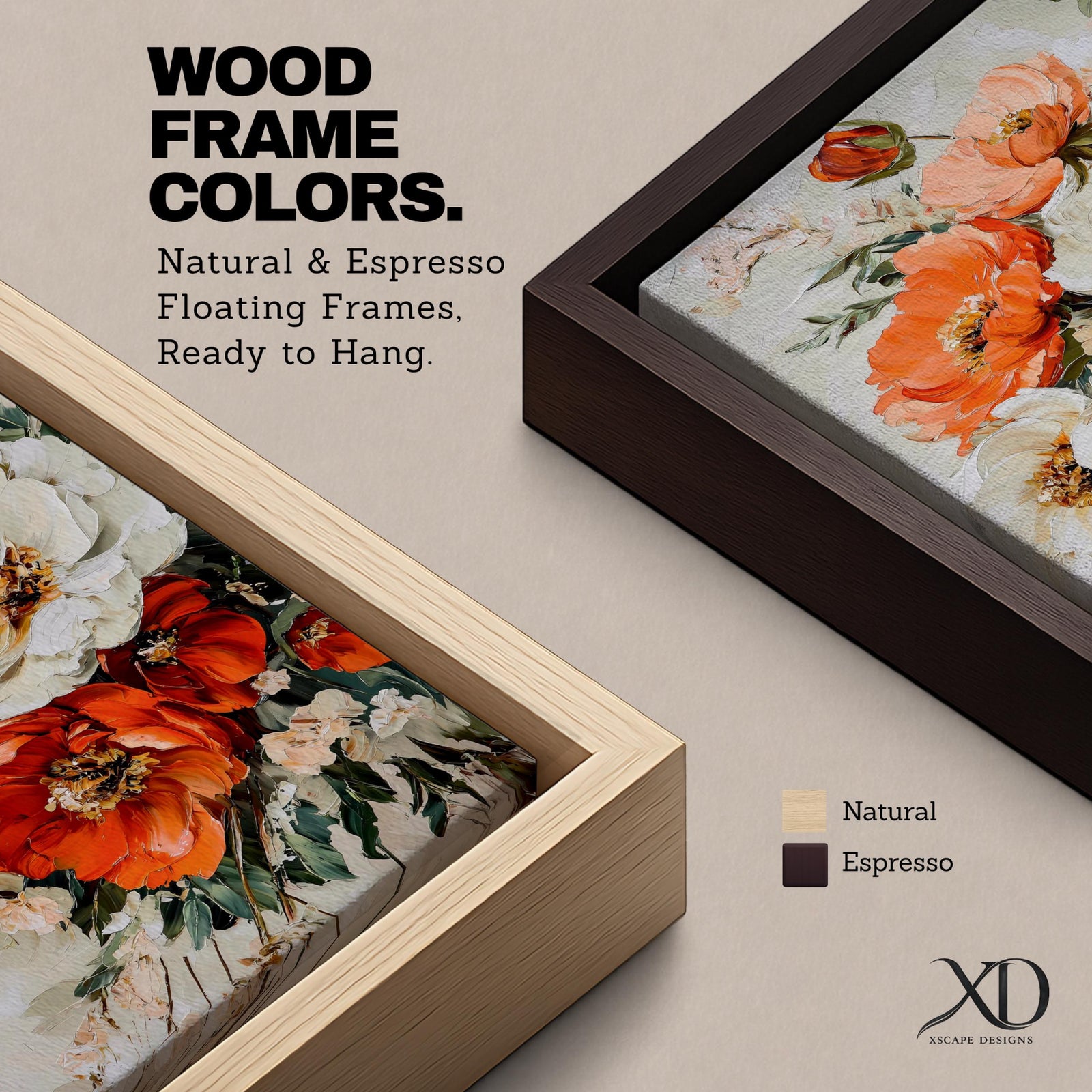 A framed canvas wall art featuring a vintage-style floral bouquet with large white and orange flowers and green leaves, painted with textured brushstrokes that create a classic and elegant floral composition.
