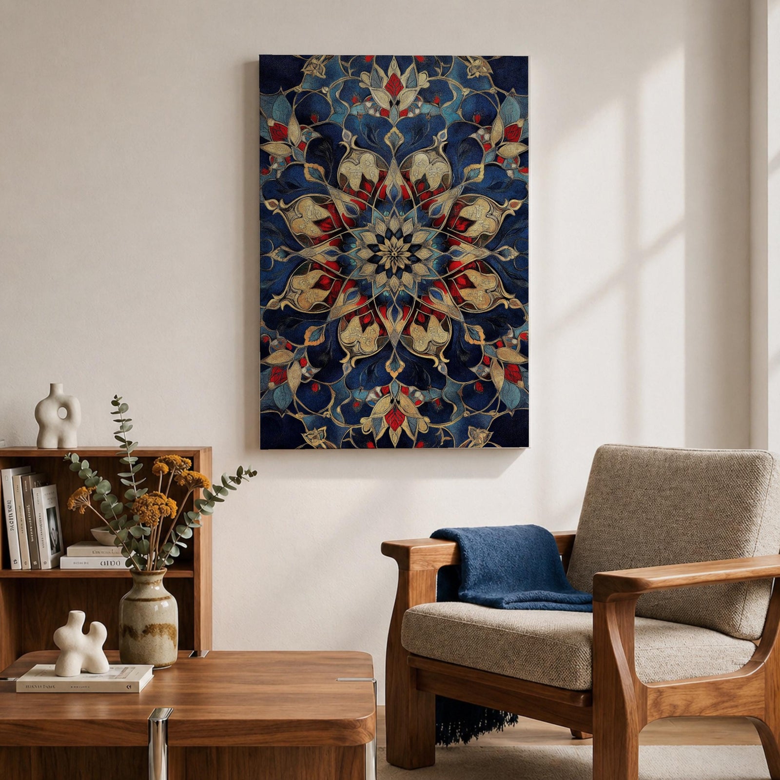 Intricate Islamic geometric mandala pattern featuring symmetrical arabesque floral motifs in deep blue, gold, and red tones arranged in a radial mosaic design, creating an ornate ornamental pattern inspired by traditional Islamic tilework and decorative architecture.
