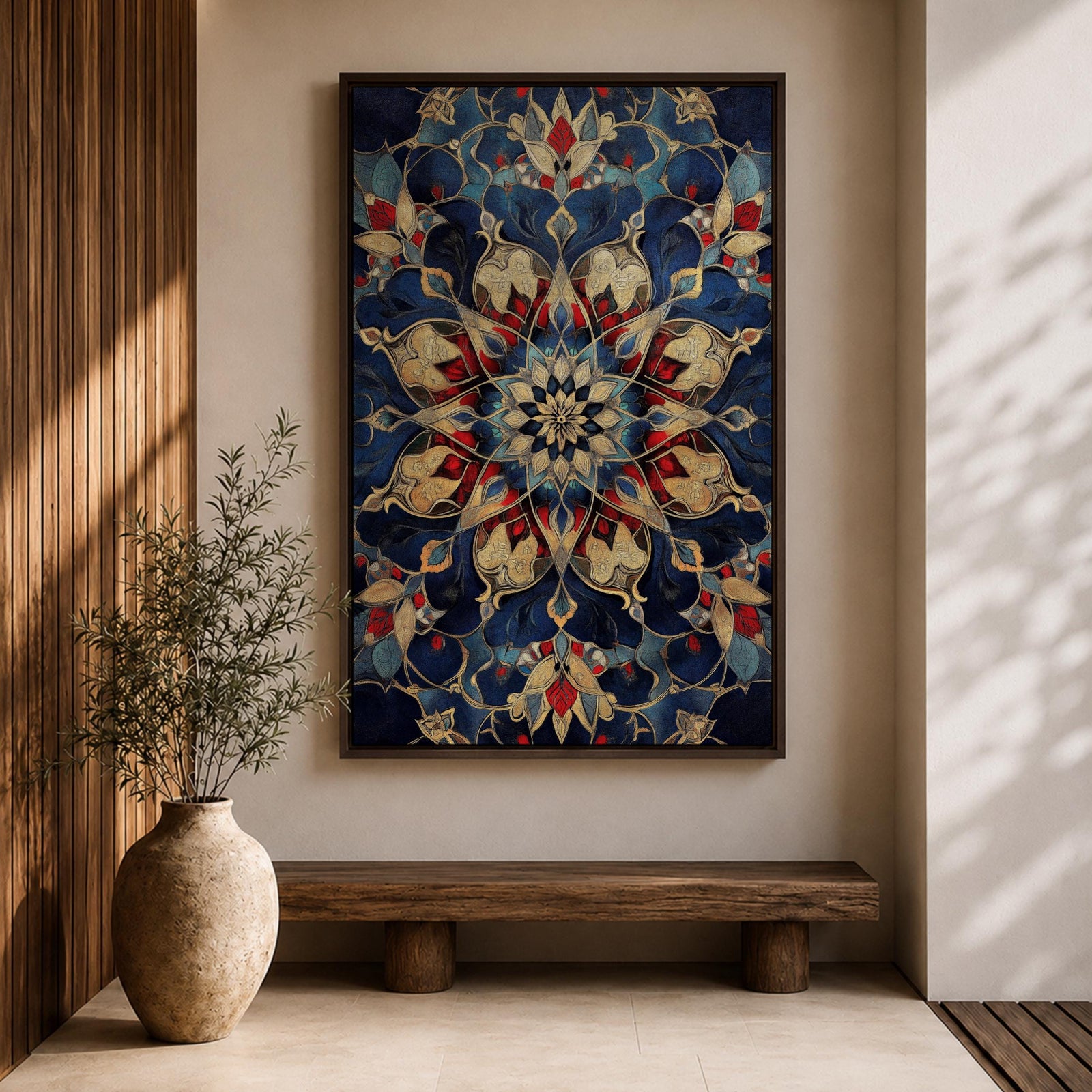 Intricate Islamic geometric mandala pattern featuring symmetrical arabesque floral motifs in deep blue, gold, and red tones arranged in a radial mosaic design, creating an ornate ornamental pattern inspired by traditional Islamic tilework and decorative architecture.